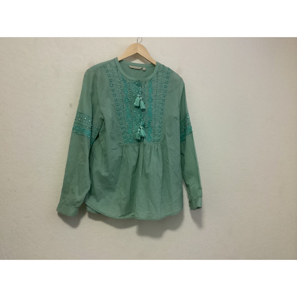 Soft Surroundings Blouse Womens L Green Embroidered Sequin Tassel Cotton 2DN86